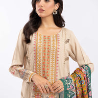 MARIA.B-3PC DHANAK EMBROIDERED SHIRT WITH COUTRAI PRINTED SHAWL AND TROUSER-14030