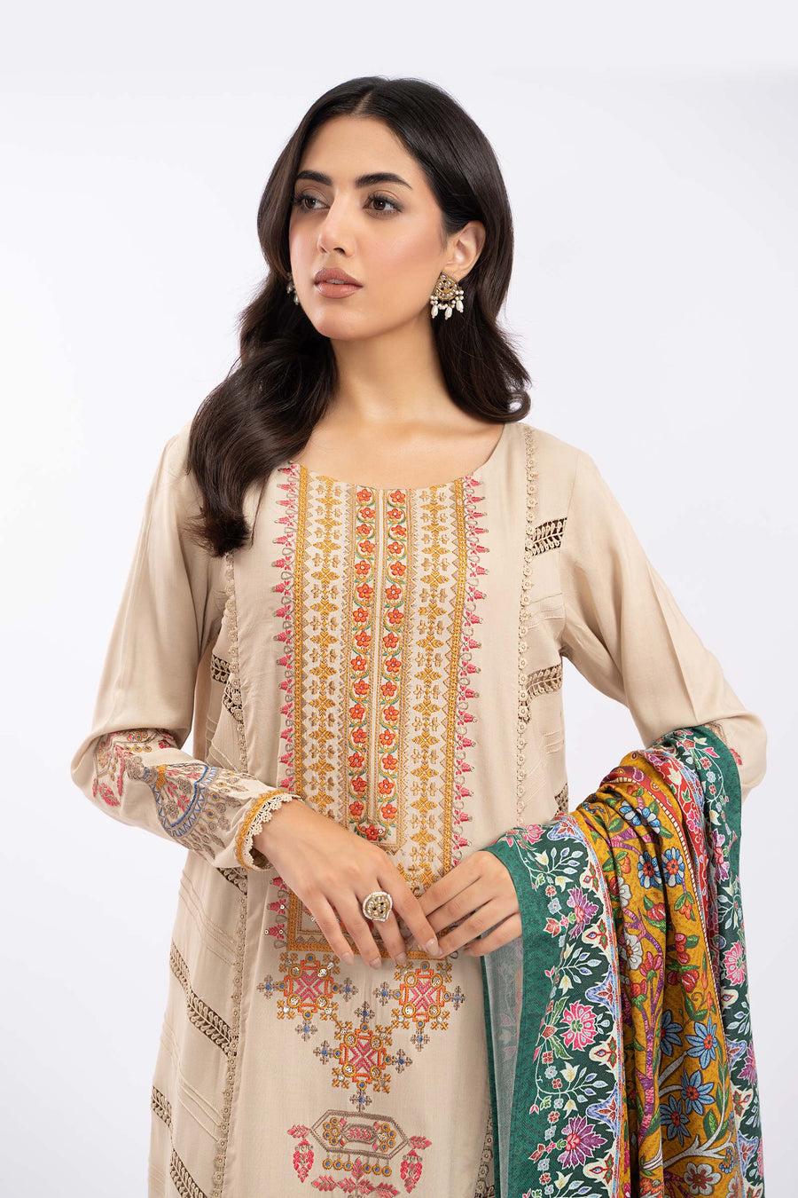 MARIA.B-3PC DHANAK EMBROIDERED SHIRT WITH COUTRAI PRINTED SHAWL AND TROUSER-14030