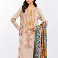 MARIA.B-3PC DHANAK EMBROIDERED SHIRT WITH COUTRAI PRINTED SHAWL AND TROUSER-14030