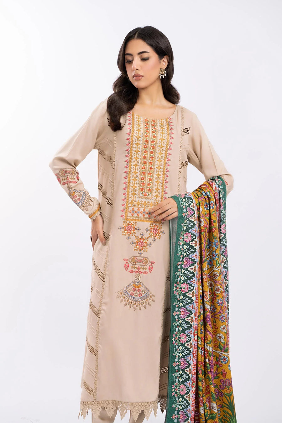 MARIA.B-3PC DHANAK EMBROIDERED SHIRT WITH COUTRAI PRINTED SHAWL AND TROUSER-14030