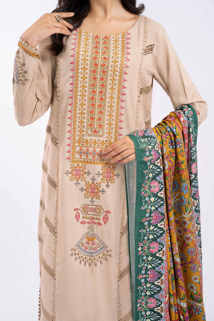 MARIA.B-3PC DHANAK EMBROIDERED SHIRT WITH COUTRAI PRINTED SHAWL AND TROUSER-14030