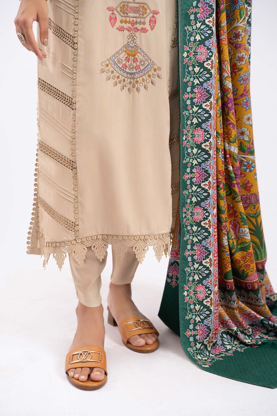 MARIA.B-3PC DHANAK EMBROIDERED SHIRT WITH COUTRAI PRINTED SHAWL AND TROUSER-14030