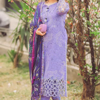 MUSHQ-3PC DHANAK EMBROIDERED SHIRT WITH COURTRAI PRINTED SHAWL & TROUSER - 14070