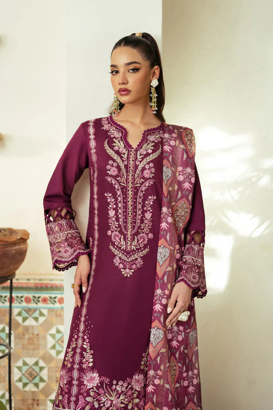 JAZMIN-3PC DHANAK EMBROIDERED SHIRT WITH COURTRAI WOOL PRINTED SHAWL AND TROUSER-BIC-14185