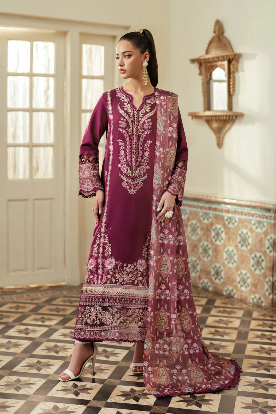 JAZMIN-3PC DHANAK EMBROIDERED SHIRT WITH COURTRAI WOOL PRINTED SHAWL AND TROUSER-BIC-14185