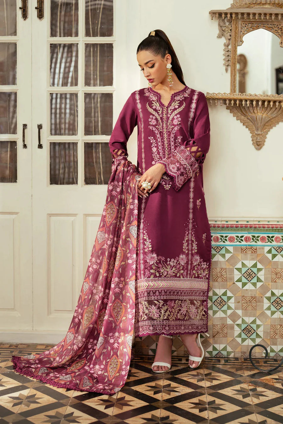 JAZMIN-3PC DHANAK EMBROIDERED SHIRT WITH COURTRAI WOOL PRINTED SHAWL AND TROUSER-BIC-14185
