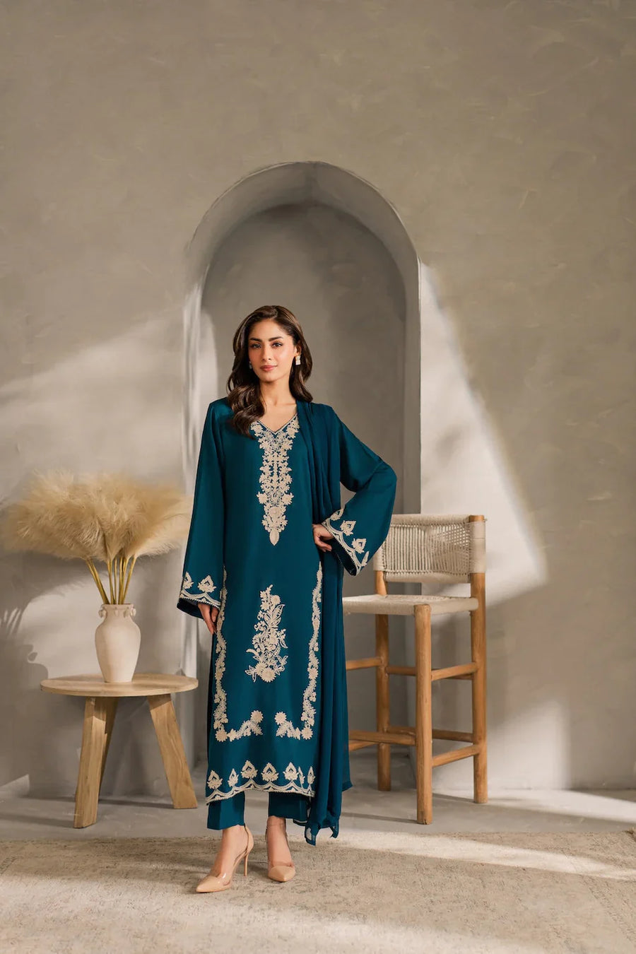 VINTAGE-3PC DHANAK EMBROIDERED SHIRT WITH BAMBER CHIFFON DUPATTA AND TROUSER-14259