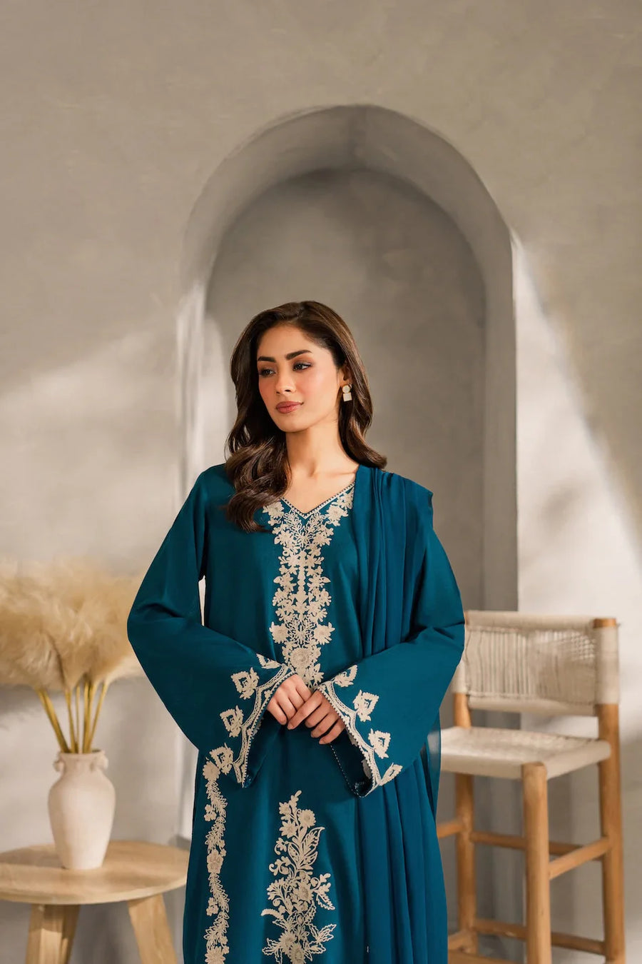 VINTAGE-3PC DHANAK EMBROIDERED SHIRT WITH BAMBER CHIFFON DUPATTA AND TROUSER-14259