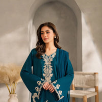 VINTAGE-3PC DHANAK EMBROIDERED SHIRT WITH BAMBER CHIFFON DUPATTA AND TROUSER-14259