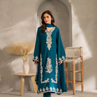 VINTAGE-3PC DHANAK EMBROIDERED SHIRT WITH BAMBER CHIFFON DUPATTA AND TROUSER-14259