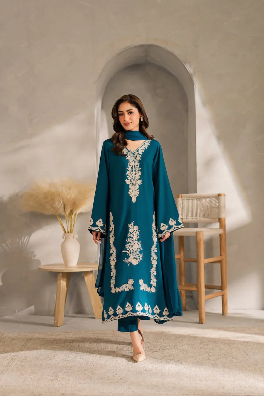 VINTAGE-3PC DHANAK EMBROIDERED SHIRT WITH BAMBER CHIFFON DUPATTA AND TROUSER-14259
