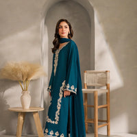 VINTAGE-3PC DHANAK EMBROIDERED SHIRT WITH BAMBER CHIFFON DUPATTA AND TROUSER-14259