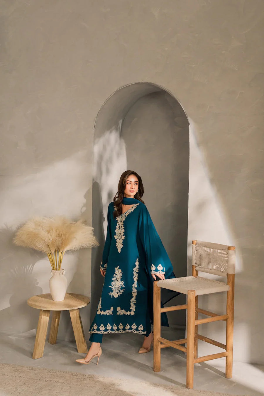 VINTAGE-3PC DHANAK EMBROIDERED SHIRT WITH BAMBER CHIFFON DUPATTA AND TROUSER-14259