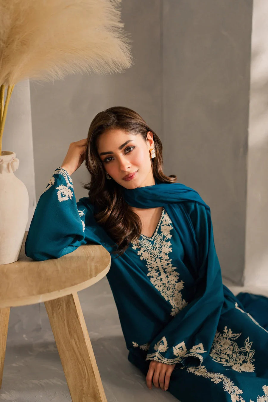 VINTAGE-3PC DHANAK EMBROIDERED SHIRT WITH BAMBER CHIFFON DUPATTA AND TROUSER-14259