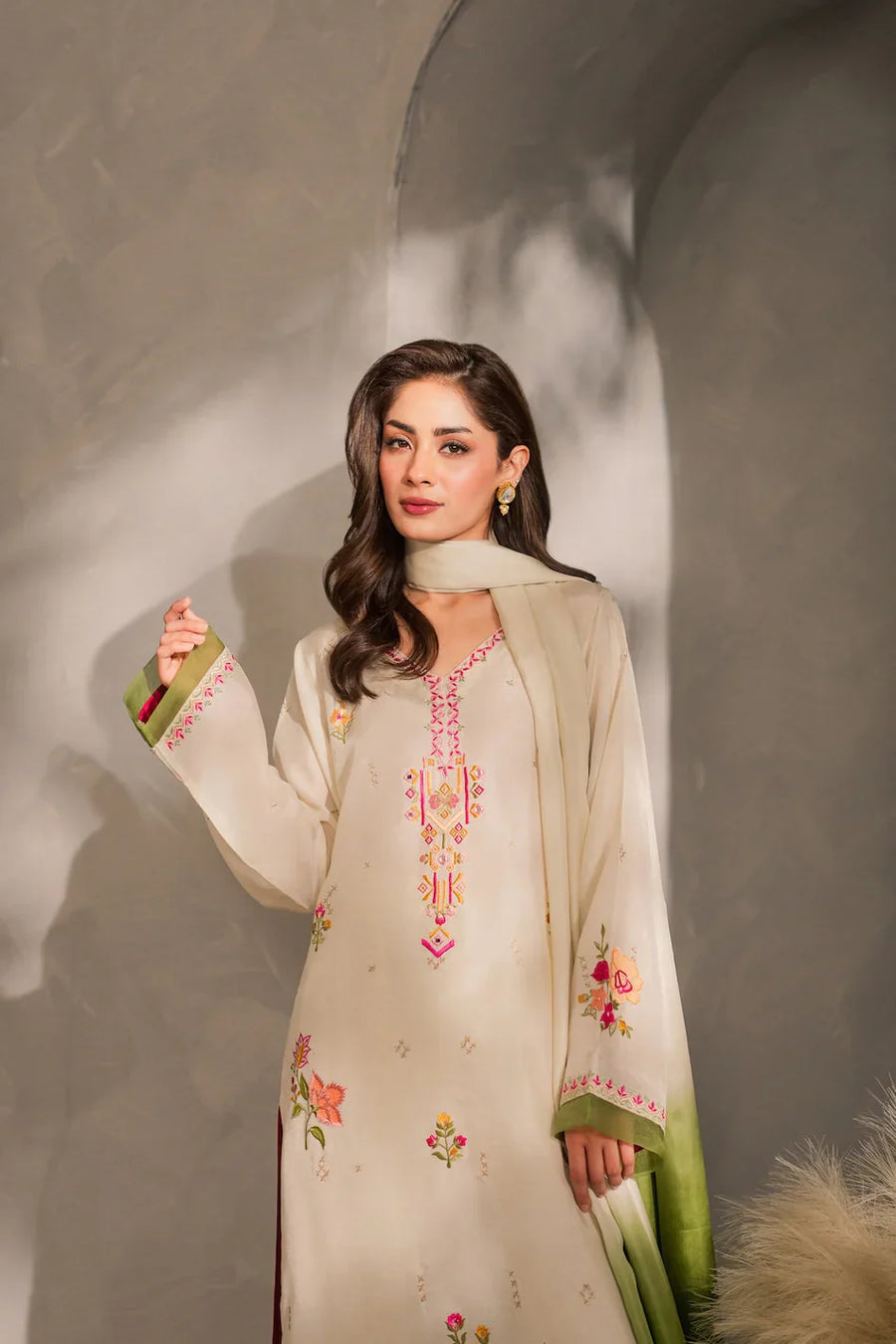 MIRANA - 3PC DHANAK EMBROIDERED SHIRT WITH BAMBER CHIFFON DUPATTA AND TROUSER-14289