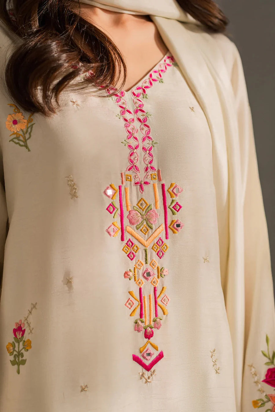 MIRANA - 3PC DHANAK EMBROIDERED SHIRT WITH BAMBER CHIFFON DUPATTA AND TROUSER-14289
