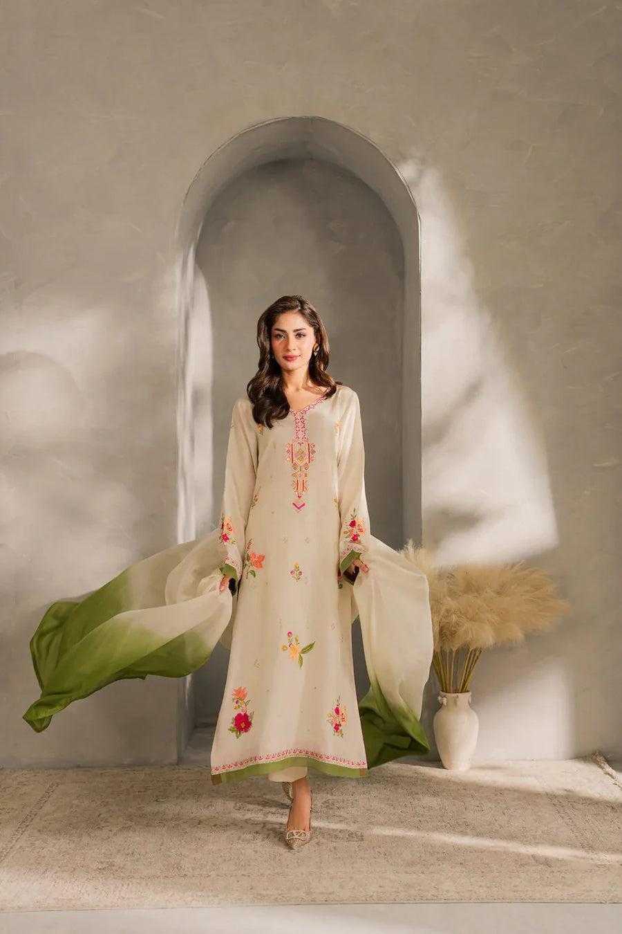 MIRANA - 3PC DHANAK EMBROIDERED SHIRT WITH BAMBER CHIFFON DUPATTA AND TROUSER-14289