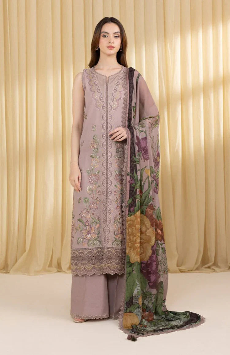 SAPPHIRE-3PC UNSTITCHED DHANAK EMBROIDERED SHIRT WITH COURTRAI WOOL PRINTED SHAWL AND EMB TROUSER-14100