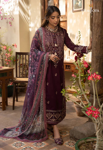 ASIM JOFA-3PC DHANAK EMBROIDRED SHIRT WITH COURTRAI PRINTED SHAWL AND TROUSER-BIC-14252
