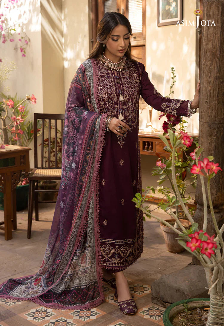 ASIM JOFA-3PC DHANAK EMBROIDRED SHIRT WITH COURTRAI PRINTED SHAWL AND TROUSER-BIC-14252