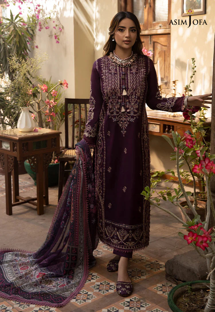 ASIM JOFA-3PC DHANAK EMBROIDRED SHIRT WITH COURTRAI PRINTED SHAWL AND TROUSER-BIC-14252