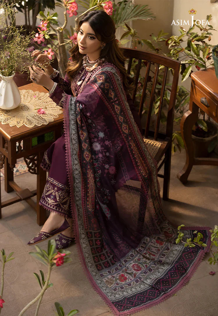ASIM JOFA-3PC DHANAK EMBROIDRED SHIRT WITH COURTRAI PRINTED SHAWL AND TROUSER-BIC-14252