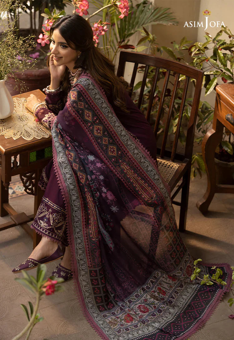 ASIM JOFA-3PC DHANAK EMBROIDRED SHIRT WITH COURTRAI PRINTED SHAWL AND TROUSER-BIC-14252