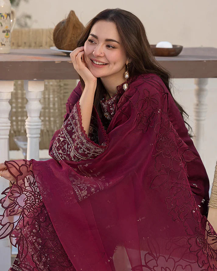 QALAMQAR-3PC DHANAK EMBROIDERED SHIRT WITH ORGANZA EMBROIDERED DUPATTA AND EMB TROUSER-14092
