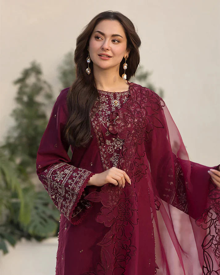 QALAMQAR-3PC DHANAK EMBROIDERED SHIRT WITH ORGANZA EMBROIDERED DUPATTA AND EMB TROUSER-14092