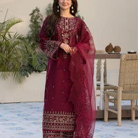 QALAMQAR-3PC DHANAK EMBROIDERED SHIRT WITH ORGANZA EMBROIDERED DUPATTA AND EMB TROUSER-14092