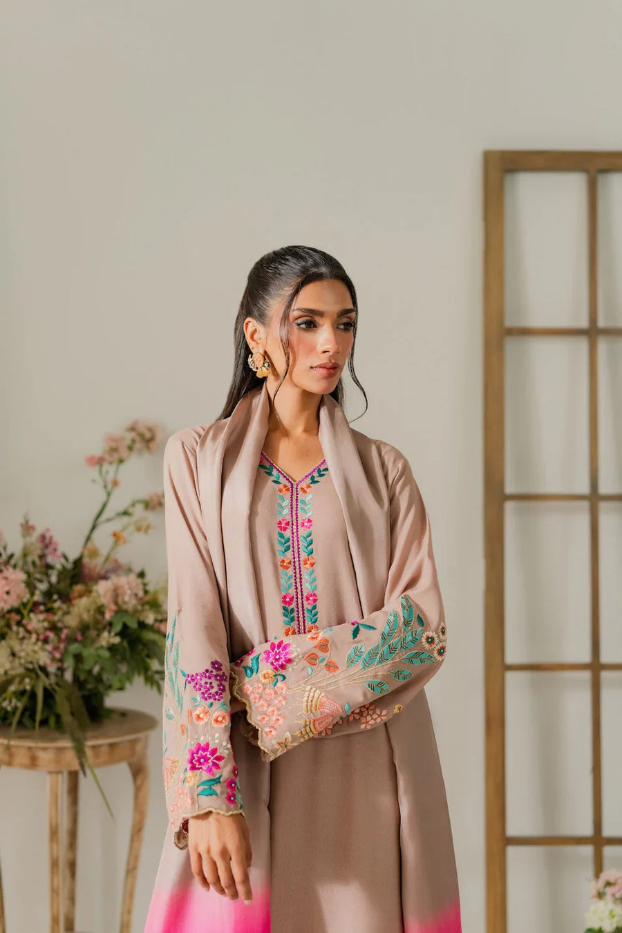 VINTAGE 3PC DHANAK EMBROIDERED SHIRT WITH TYE & DYE CHIFFON DUPATTA AND TROUSER-14265