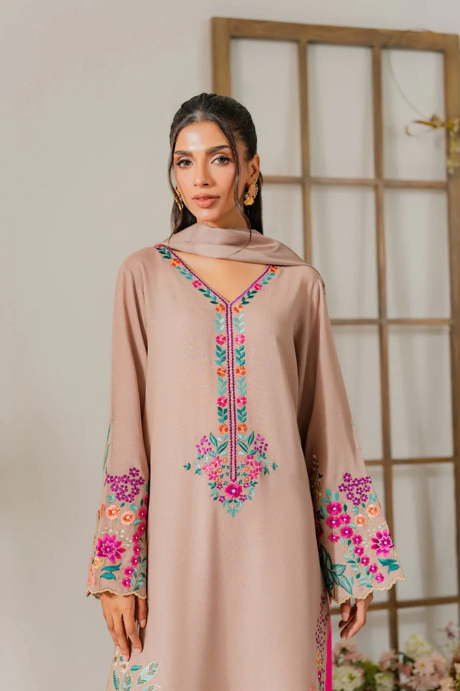 VINTAGE 3PC DHANAK EMBROIDERED SHIRT WITH TYE & DYE CHIFFON DUPATTA AND TROUSER-14265