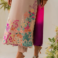 VINTAGE 3PC DHANAK EMBROIDERED SHIRT WITH TYE & DYE CHIFFON DUPATTA AND TROUSER-14265