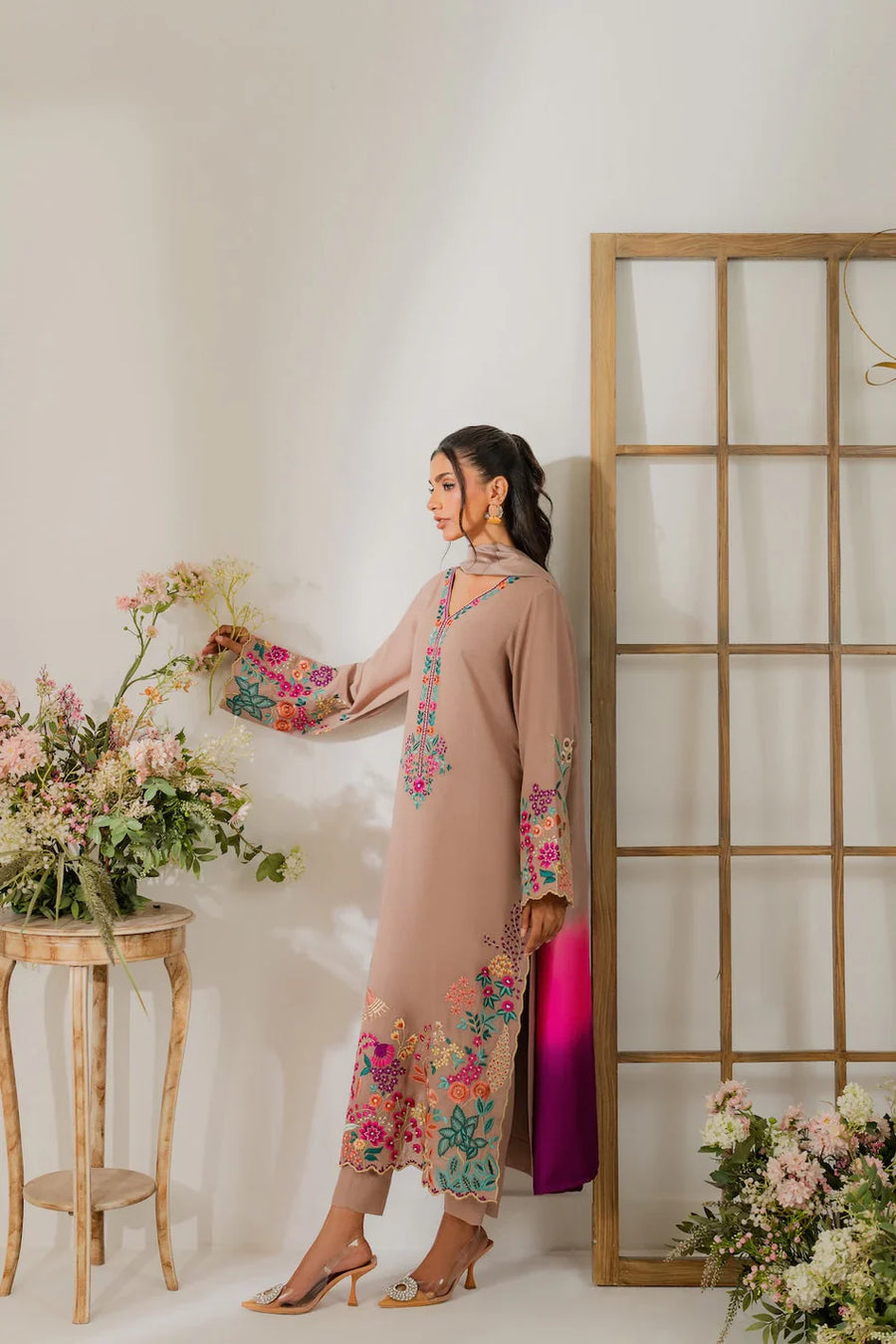 VINTAGE 3PC DHANAK EMBROIDERED SHIRT WITH TYE & DYE CHIFFON DUPATTA AND TROUSER-14265