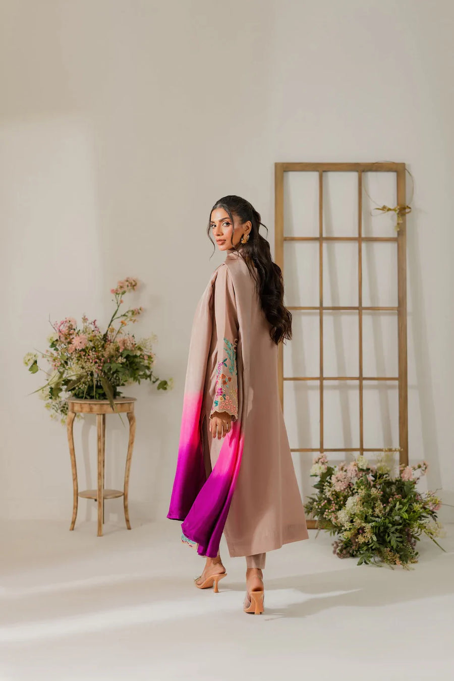 VINTAGE 3PC DHANAK EMBROIDERED SHIRT WITH TYE & DYE CHIFFON DUPATTA AND TROUSER-14265