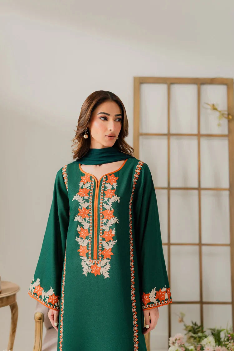 VINTAGE-3PC DHANAK EMBROIDERED SHIRT WITH BAMBER CHIFFON DUPATTA & TROUSER-4248