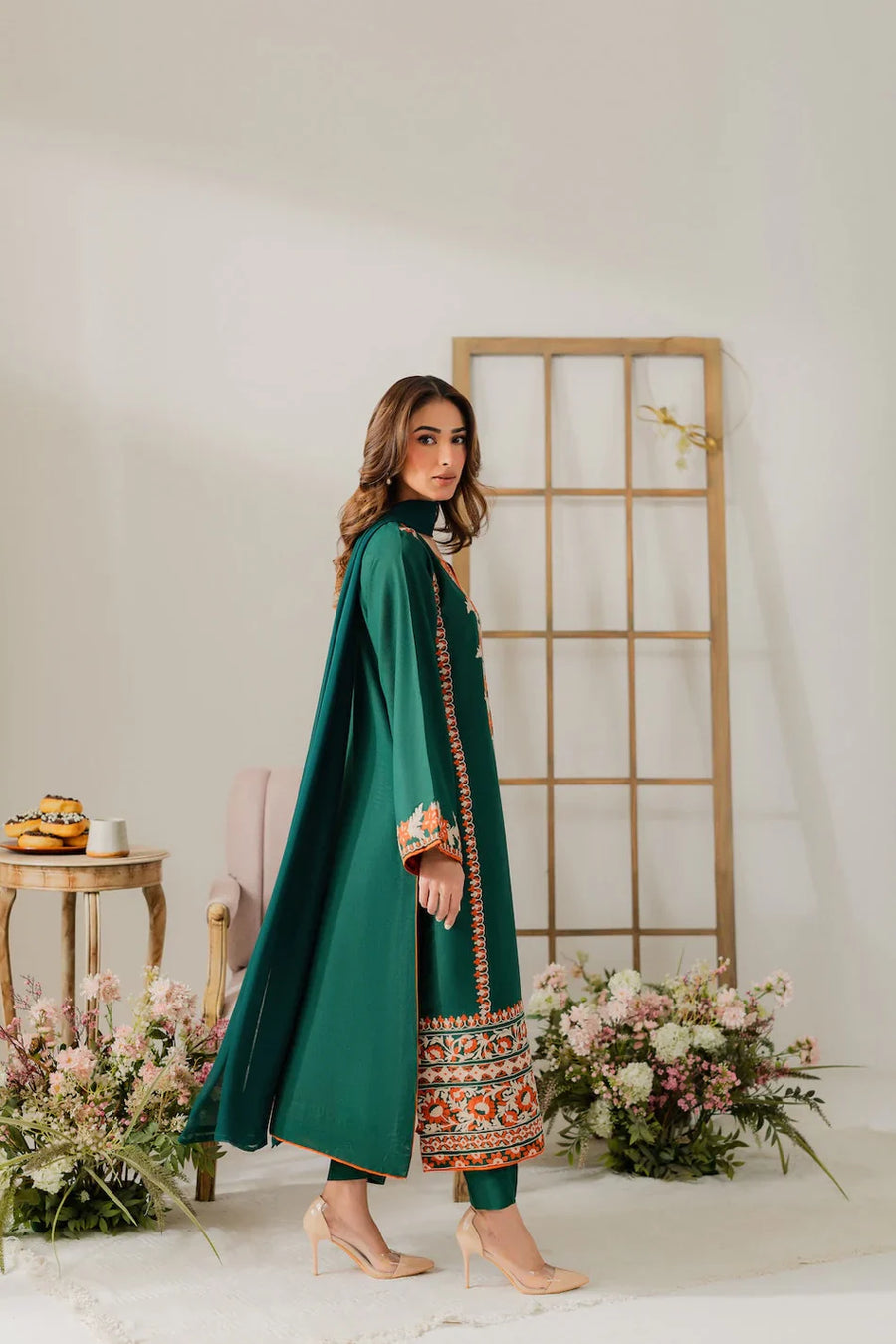 VINTAGE-3PC DHANAK EMBROIDERED SHIRT WITH BAMBER CHIFFON DUPATTA & TROUSER-4248