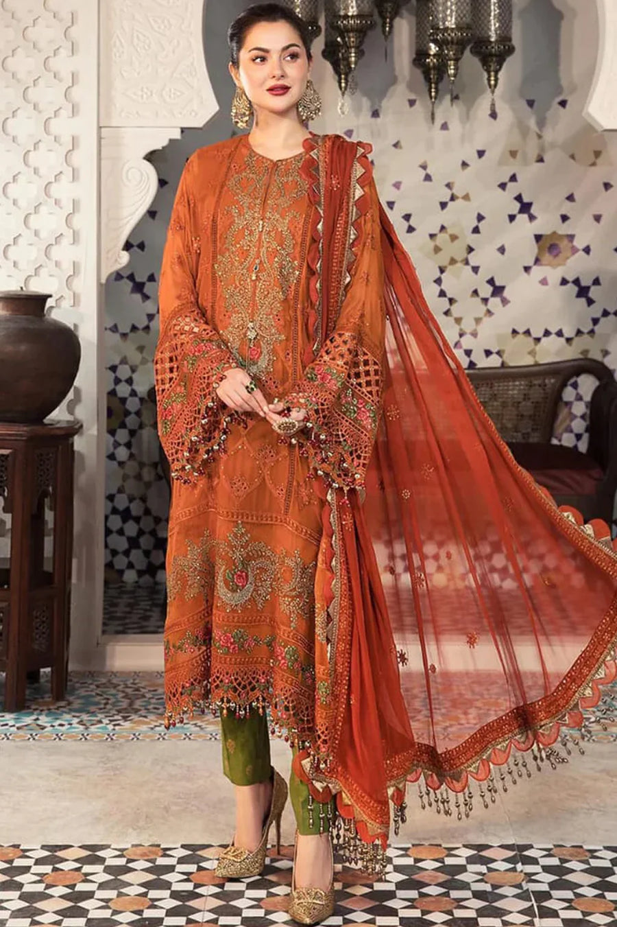MARIA.B-3PC DHANAK EMBROIDERED SHIRT WITH CHIFFON EMBROIDERED DUPATTA & TROUSER - 14077