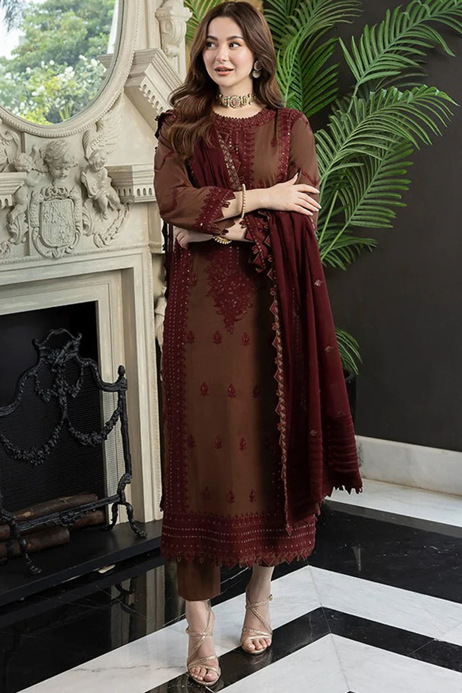 ASIM JOFA-3PC Dhanak EMBROIDERED SHIRT WITH Dhanak EMBROIDERED Shawl AND Dhanak TROUSER - 14056