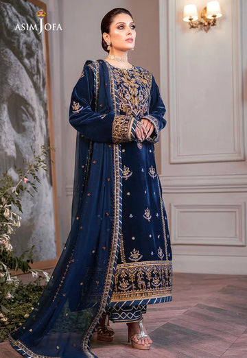 ASIM JOFA - 3PC UNSTITCHED VELVET EMBROIDERED SHIRT WITH CHIFFON EMBROIDERED DUPATTA & TROUSER-14311