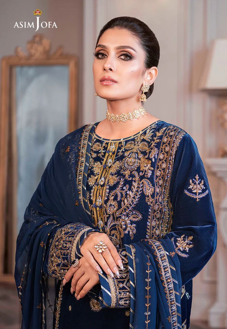 ASIM JOFA - 3PC UNSTITCHED VELVET EMBROIDERED SHIRT WITH CHIFFON EMBROIDERED DUPATTA & TROUSER-14311