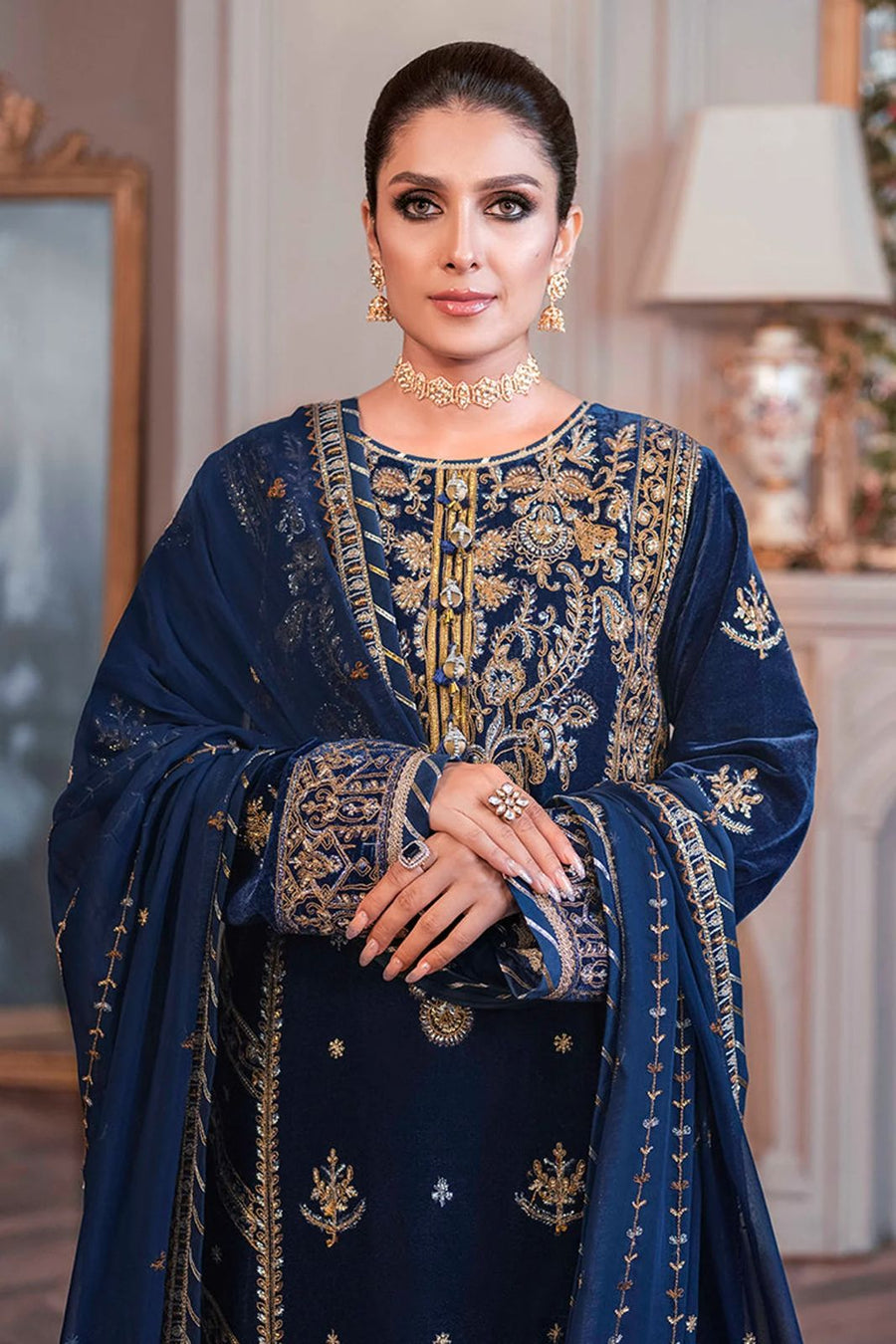 ASIM JOFA - 3PC UNSTITCHED VELVET EMBROIDERED SHIRT WITH CHIFFON EMBROIDERED DUPATTA & TROUSER-14311