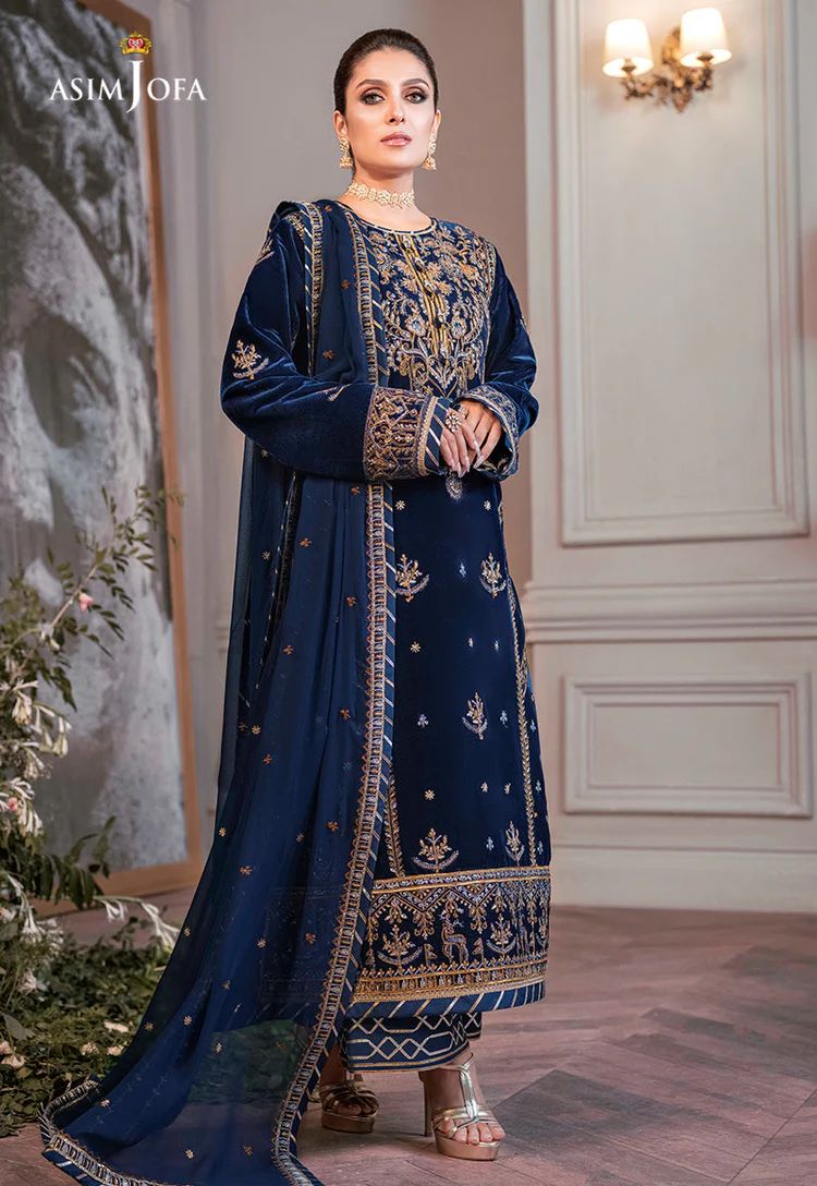 ASIM JOFA - 3PC UNSTITCHED VELVET EMBROIDERED SHIRT WITH CHIFFON EMBROIDERED DUPATTA & TROUSER-14311