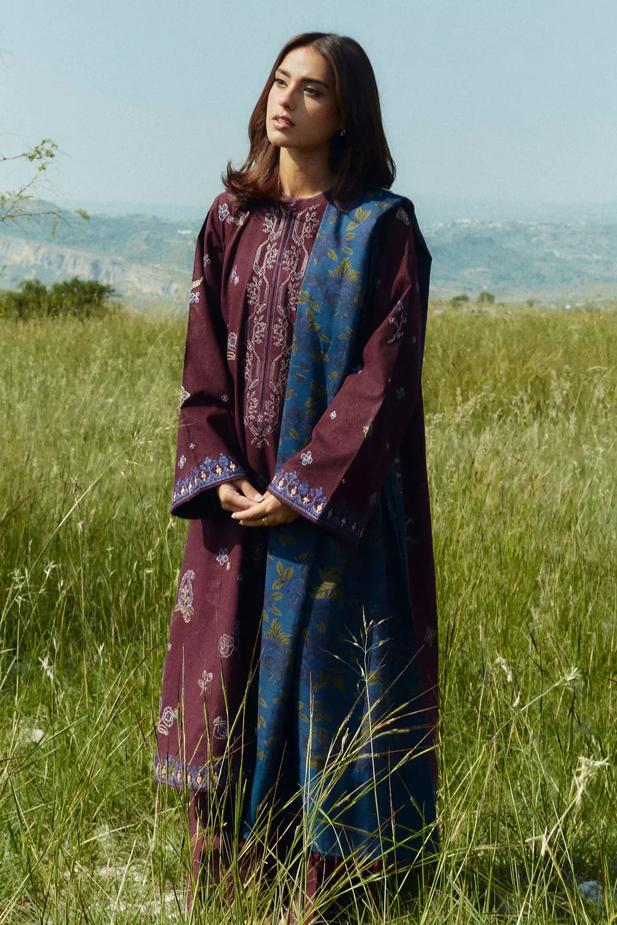 ZARA SHAH JAHAN-3PC DHANAK EMBROIDERED SHIRT WITH COURTRAI WOOL PRINTED SHAWL AND TROUSER-14045