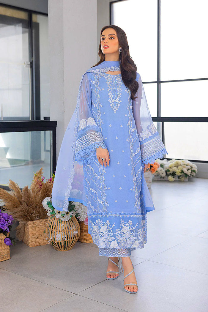 AZURE - UNSTITCHED 3PC ORGANZA EMBROIDERED LAWN SHIRT WITH ORGANZA EMBROIDERED DUPATTA AND TROUSER-3549