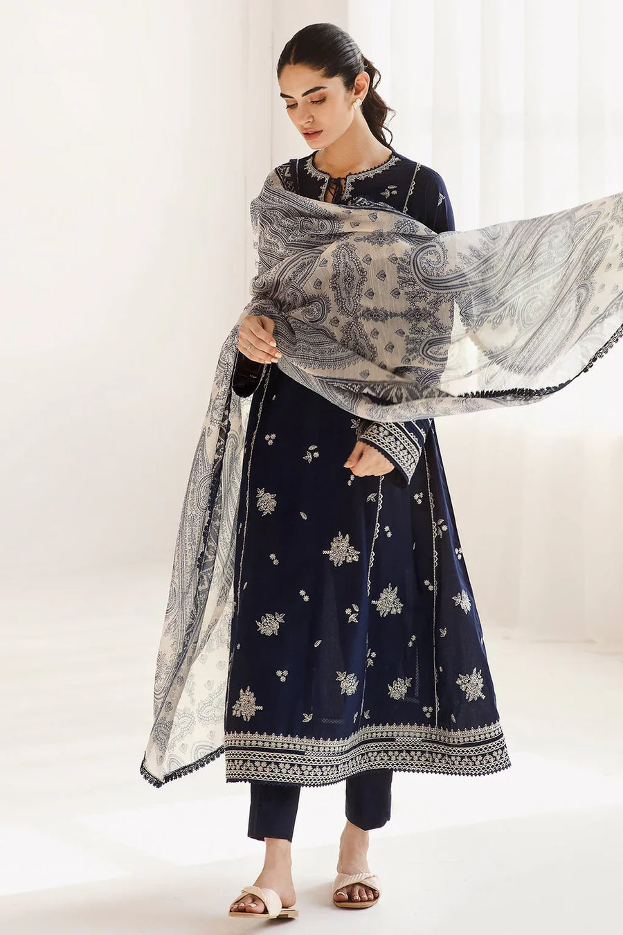 JAZMIN-3PC DHANAK SEQUENCE EMBROIDERED SHIRT WITH COUTRAI PRINTED SHAWL & DHANAK TOUSER-BIC-14182