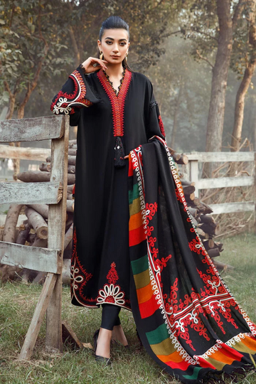 MARIA B -3PC KHADDAR HEAVY EMBROIDERED SHIRT WITH WOOL PRINT SHAWL AND TROUSER-13103 (A)