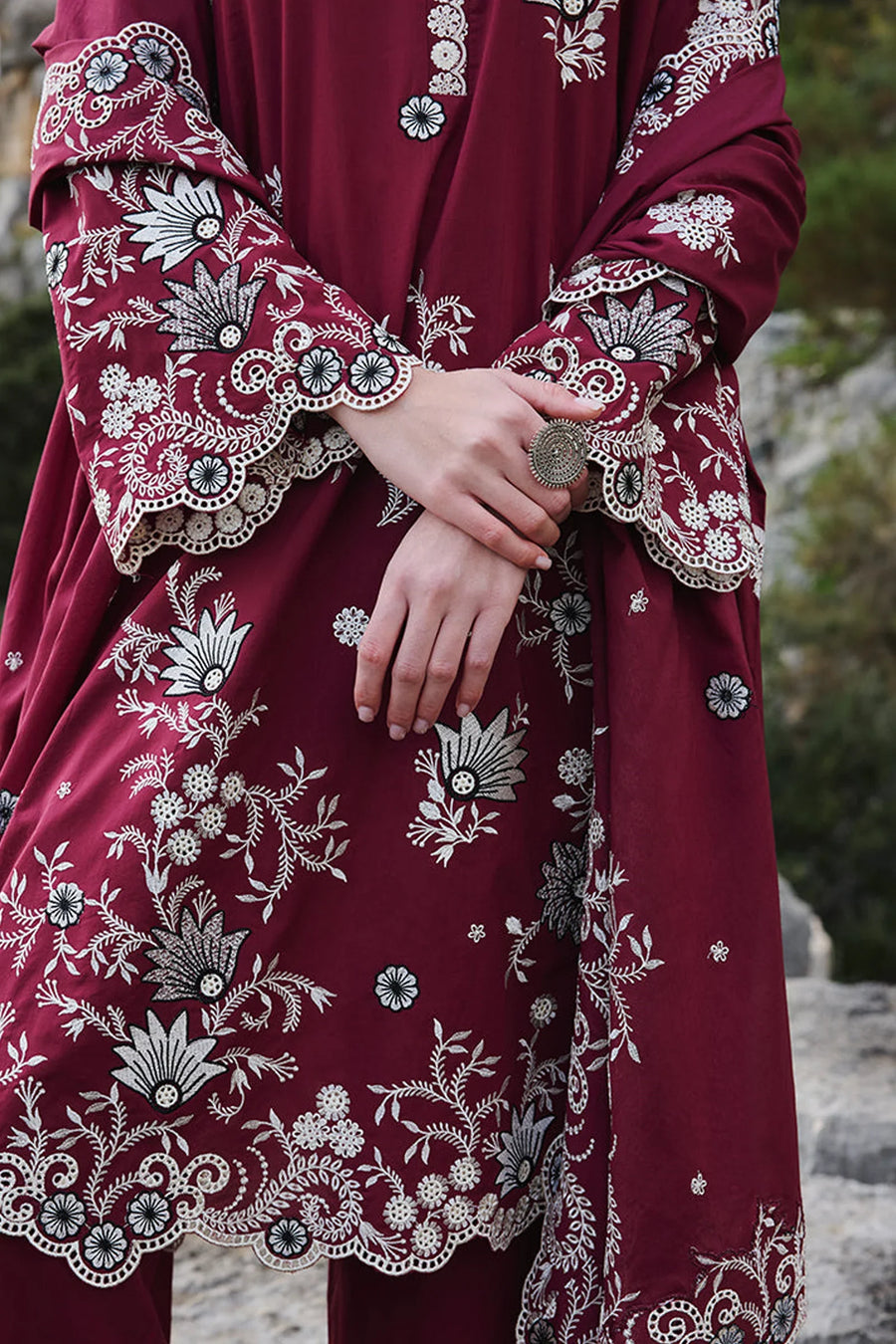 IMAGE-3PC DHANAK EMBROIDERED SHIRT WITH CHIFFON EMBROIDERED DUPATTA AND EMB TROUSER - 14113