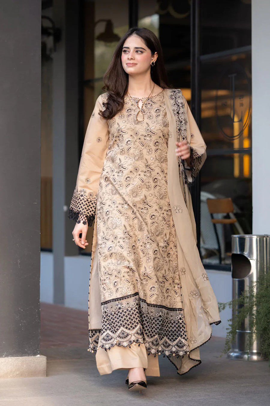 SAPPHIRE-3PC DHANAK EMBROIDERED SHIRT WITH CHIFFON EMBROIDERED DUPATTA AND TROUSER-14035
