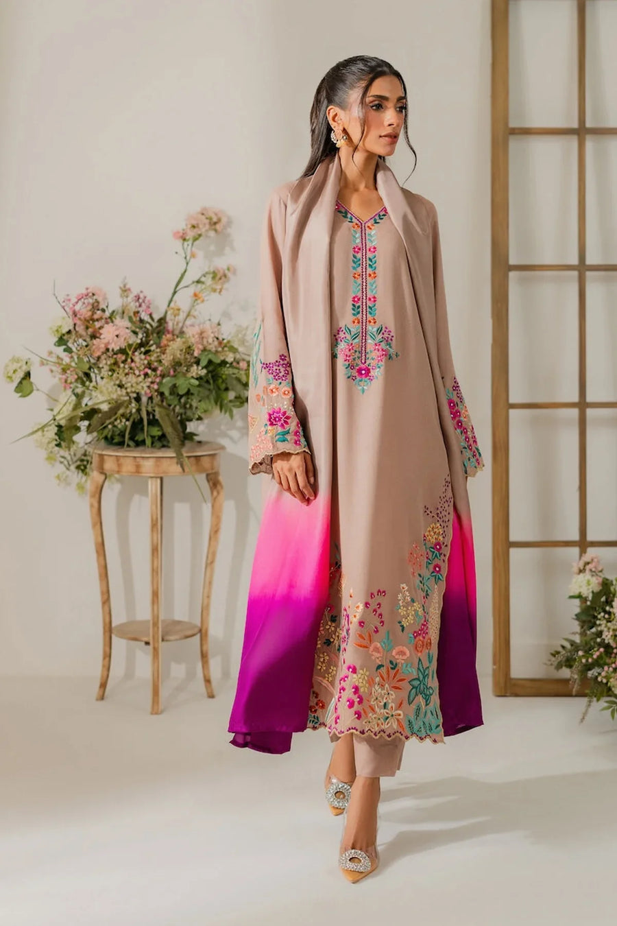 VINTAGE 3PC DHANAK EMBROIDERED SHIRT WITH TYE & DYE CHIFFON DUPATTA AND TROUSER-14265